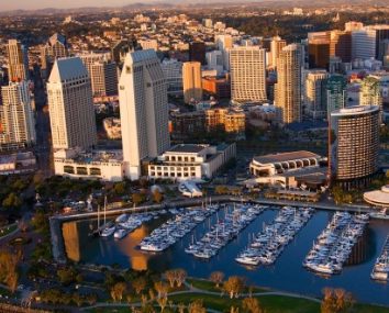 Aerial view of the San Diego bay, downtown skyline, and marina